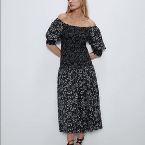 Zara Smocked Printed Midi Dress